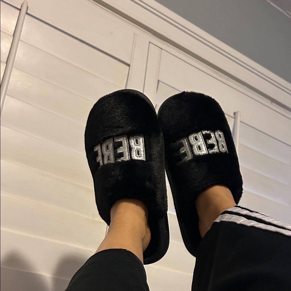 bebe Black Faux Fur Slide Slippers with Silver Embroidered Logo